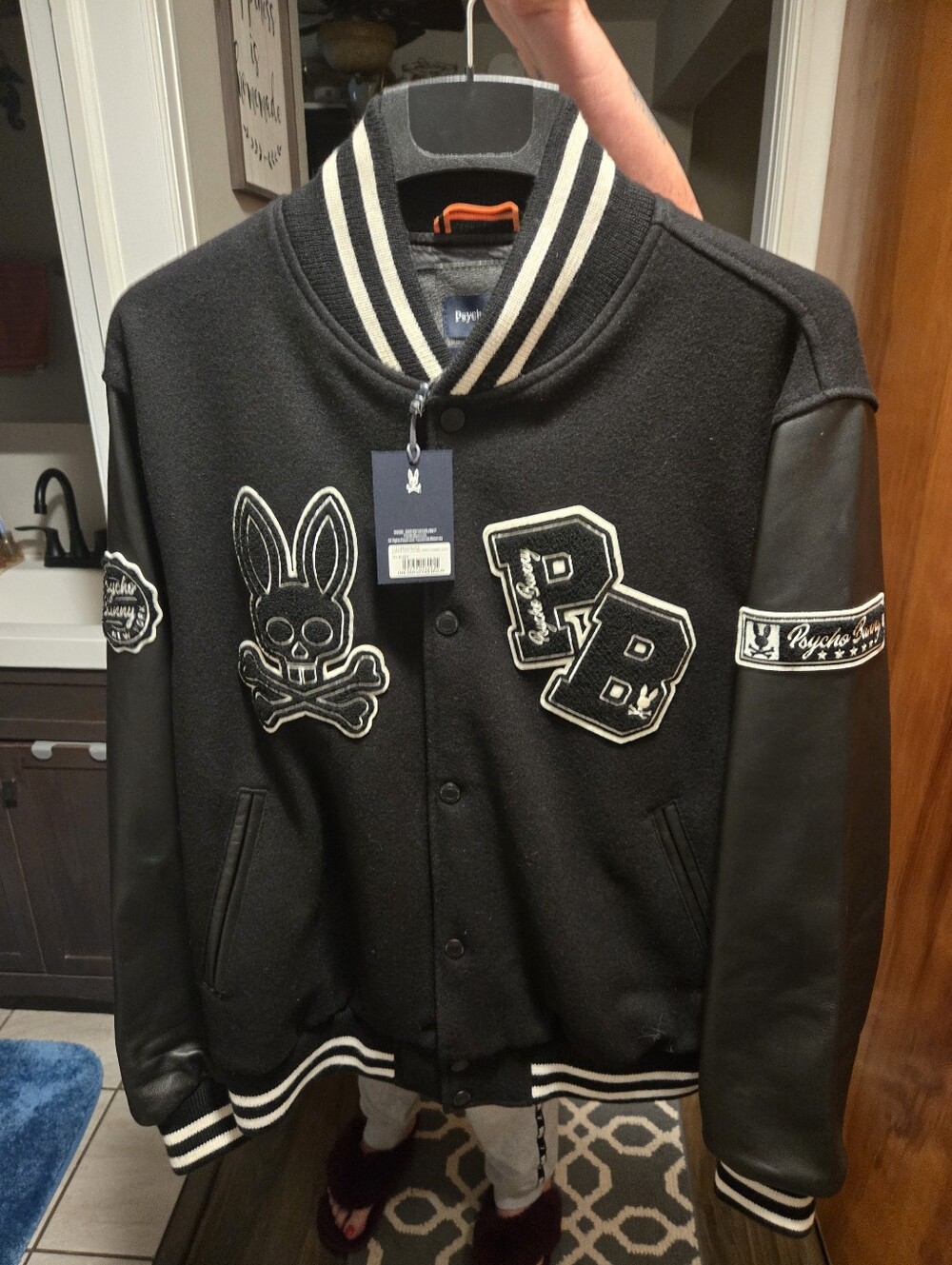 Psycho Bunny Black Letterman Varsity Jacket with White Trim